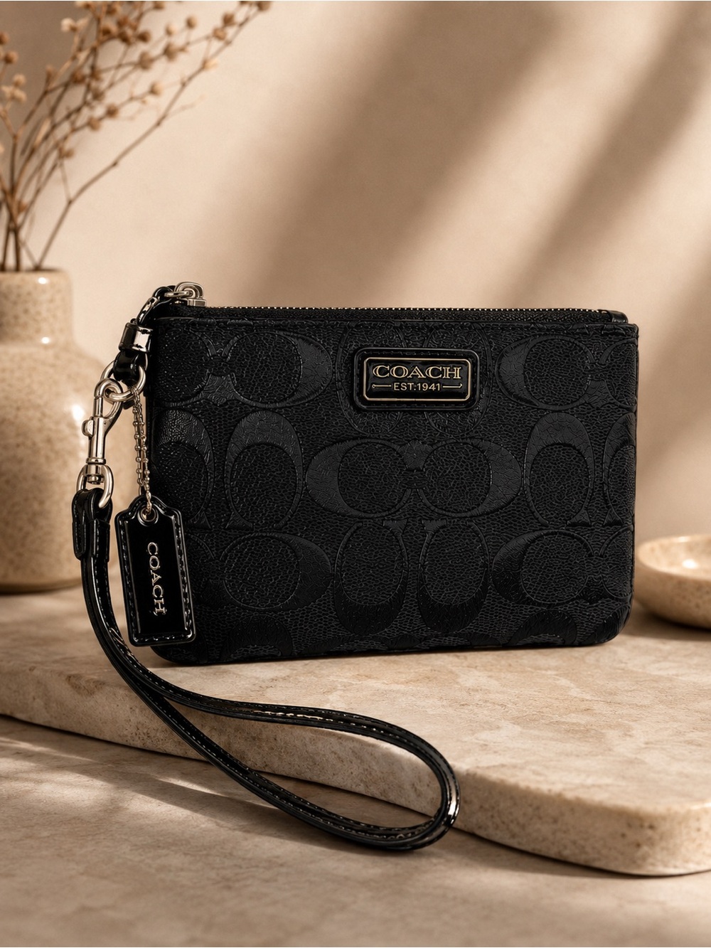 Coach Black Signature Wristlet (F1405) with Patent Strap - Hangtag
